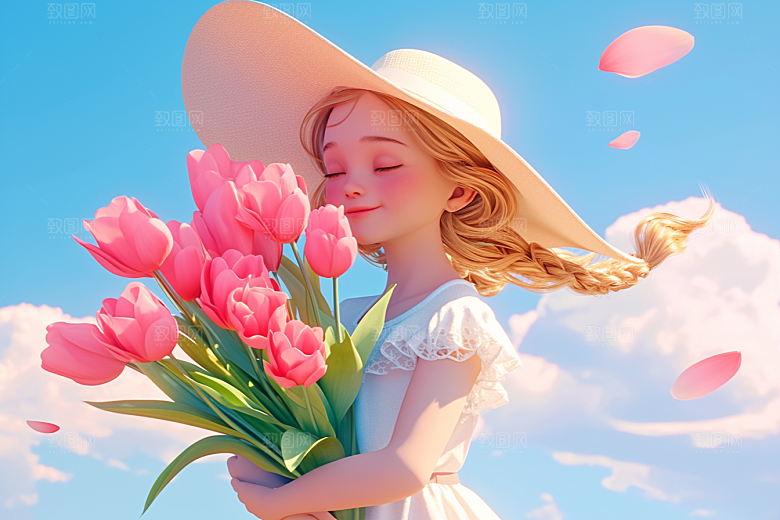 手捧鲜花的少女立体自然素材