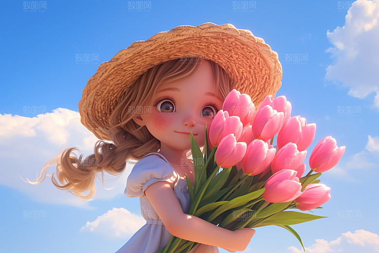 手捧鲜花的少女花朵肖像素材