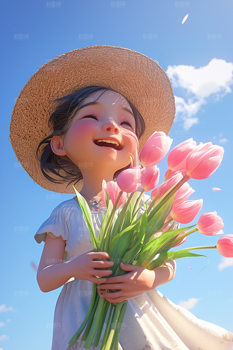 手捧鲜花的少女梦幻肖像素材