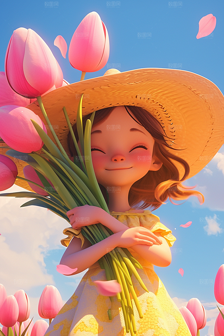 手捧鲜花的少女自然梦幻素材