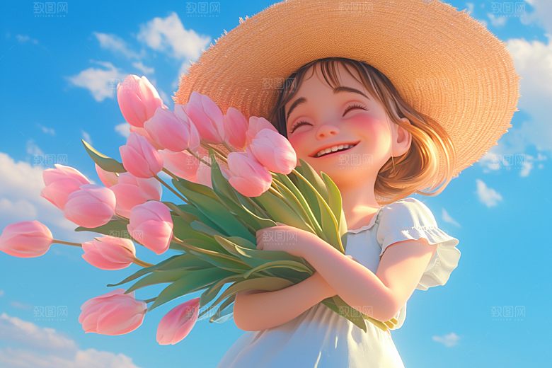 手捧鲜花的少女人物梦幻素材