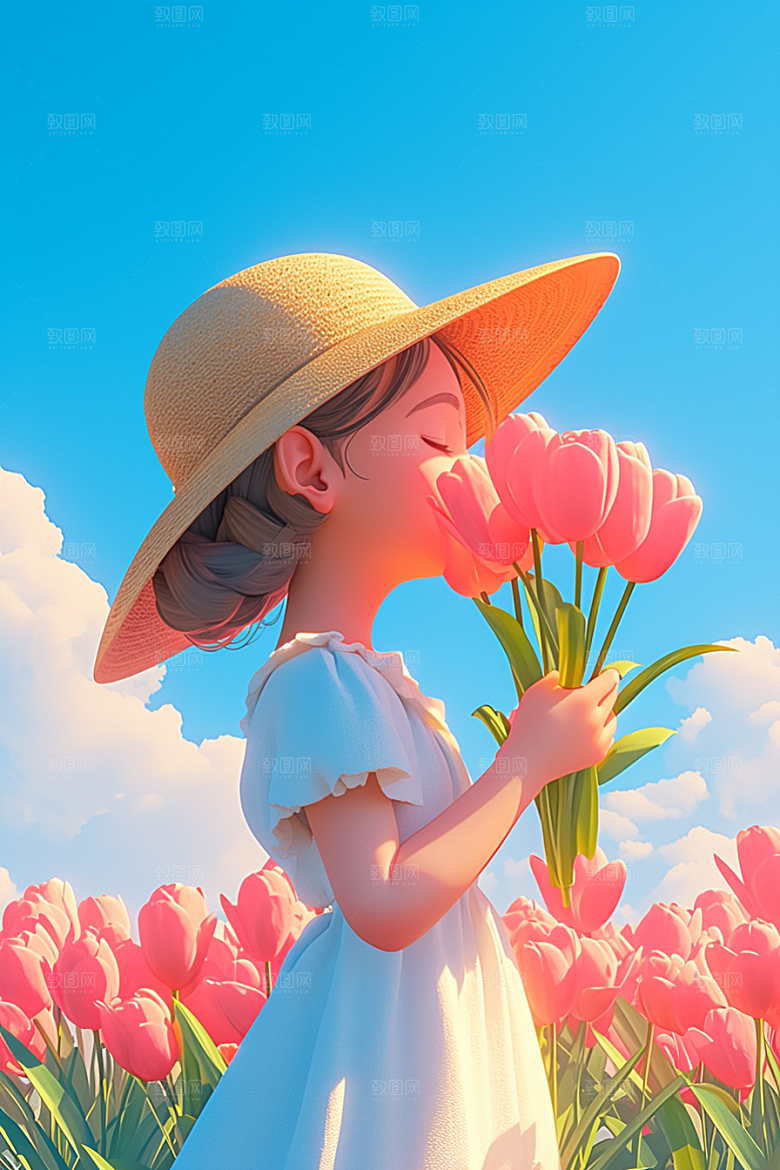 手捧鲜花的少女模型立体素材