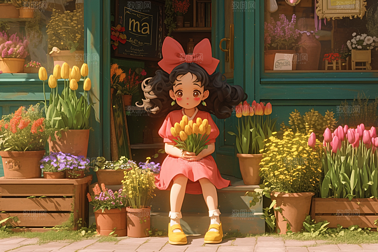 手捧鲜花的少女人物梦幻素材