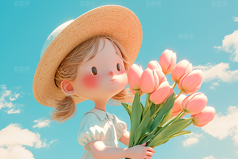 手捧鲜花的少女花朵烂漫素材