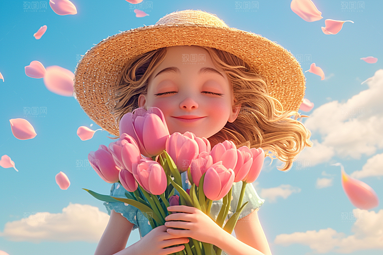 手捧鲜花的少女3D花朵素材
