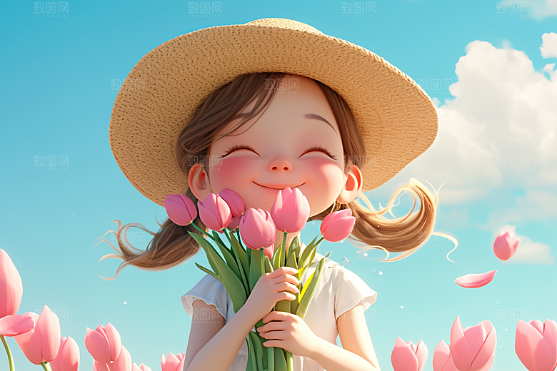 手捧鲜花的少女唯美烂漫素材