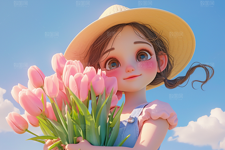 手捧鲜花的少女3D烂漫素材