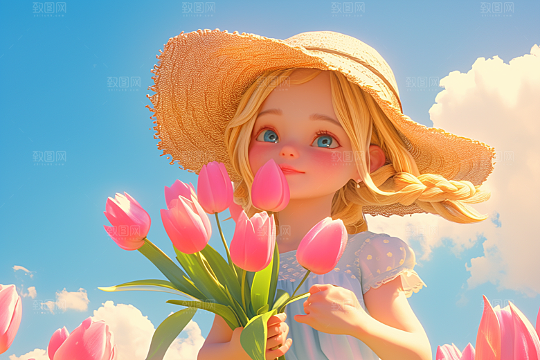 手捧鲜花的少女梦幻人物素材