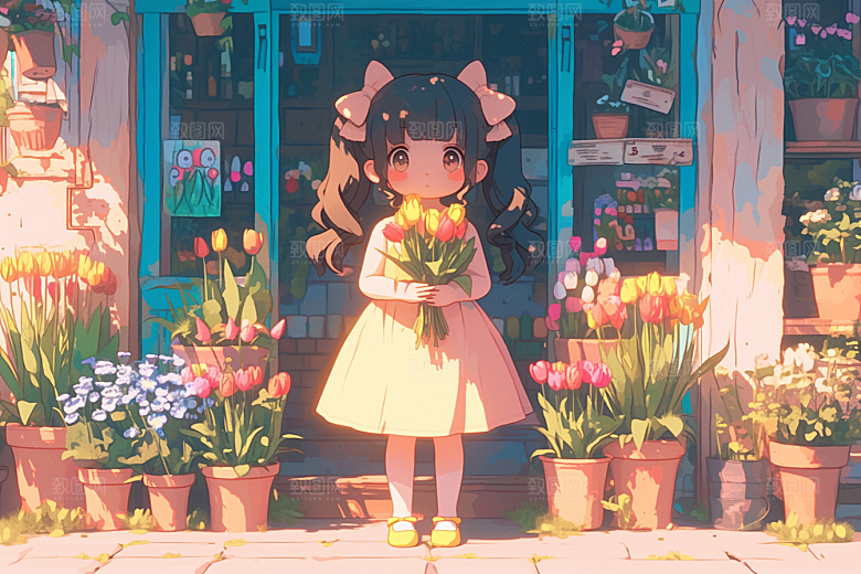 手捧鲜花的少女立体肖像素材