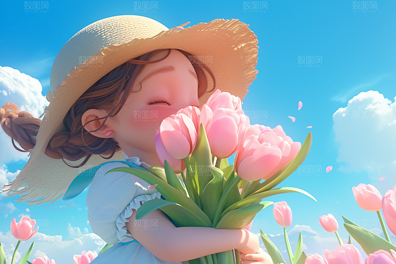 手捧鲜花的少女梦幻飞舞的裙摆素材