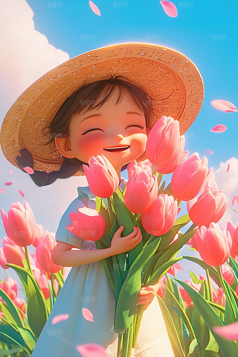 手捧鲜花的少女青春春天素材