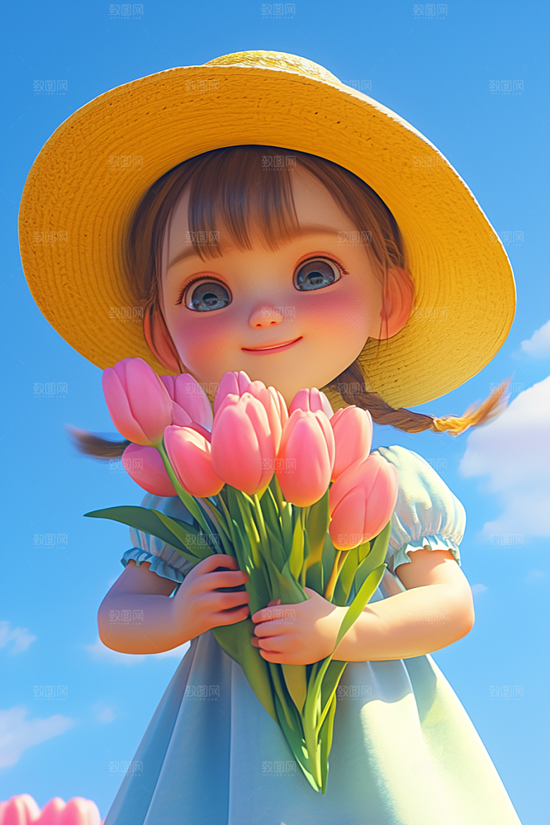 手捧鲜花的少女清新模型素材