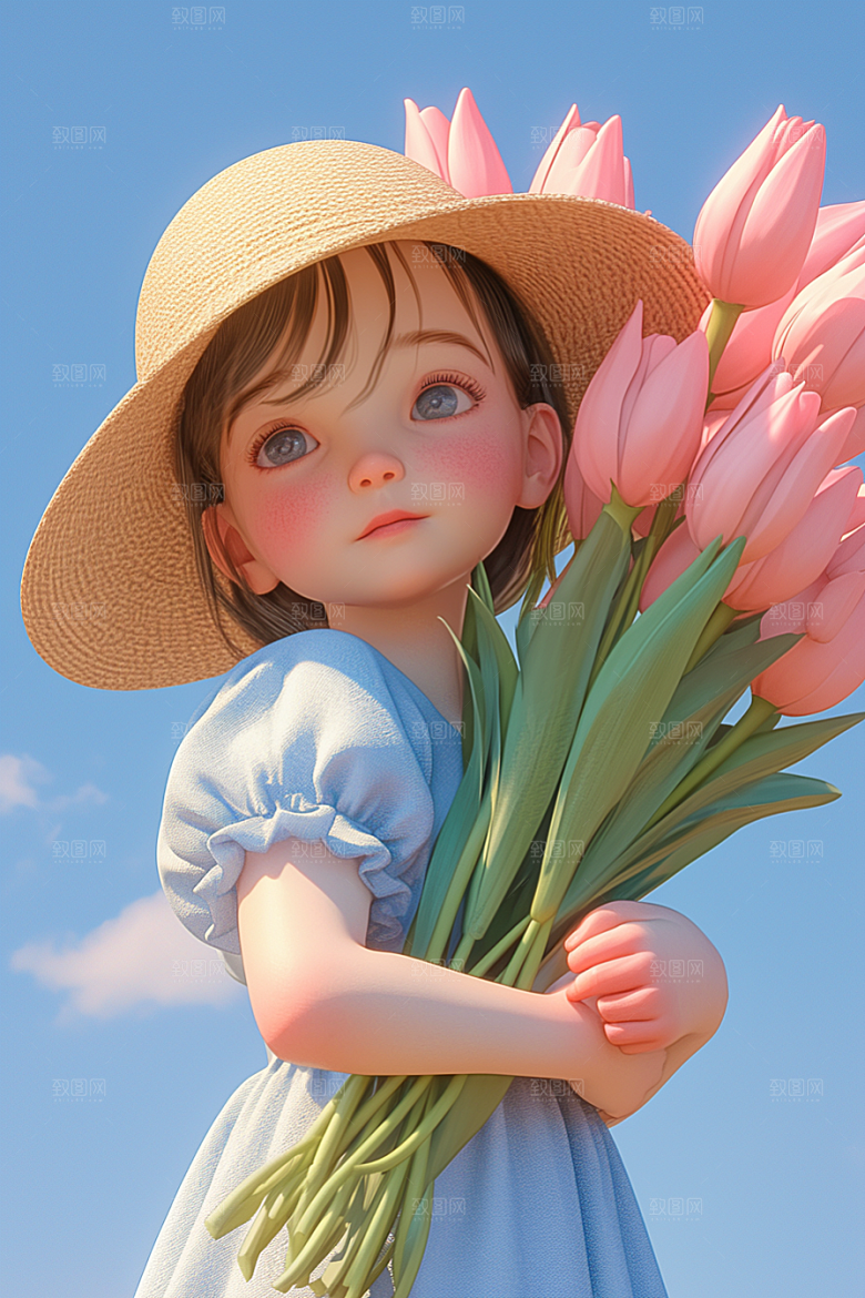 手捧鲜花的少女人物肖像素材