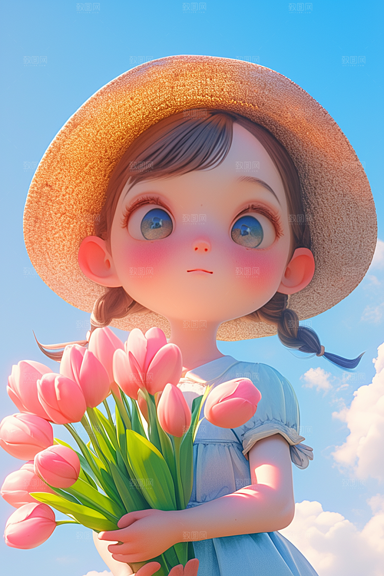 手捧鲜花的少女春天梦幻素材