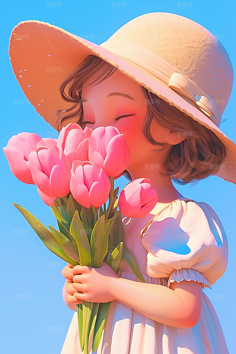 手捧鲜花的少女烂漫自然素材