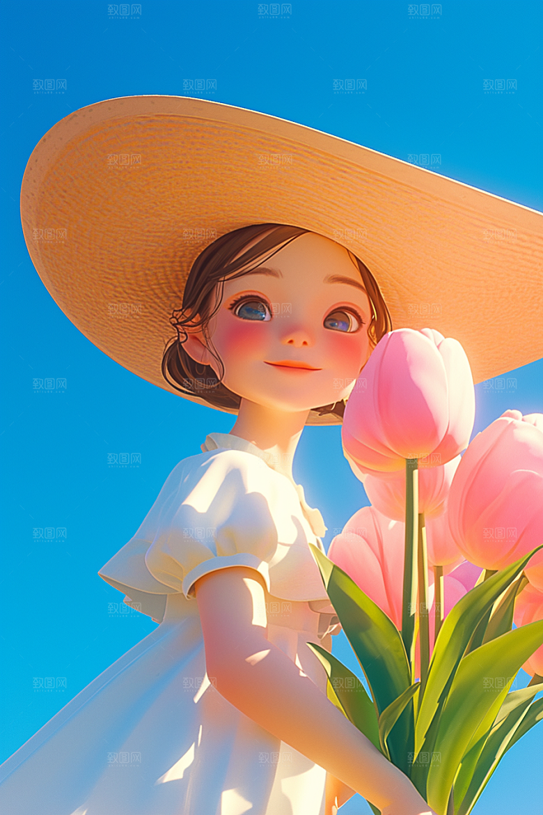 手捧鲜花的少女模型肖像素材