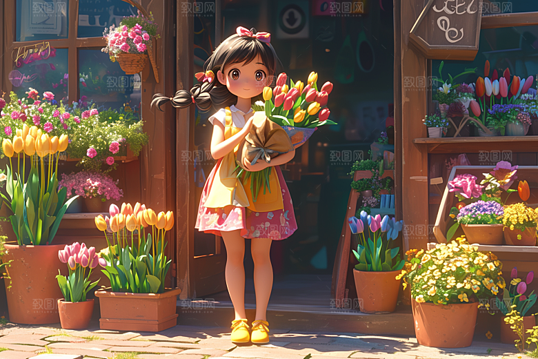 手捧鲜花的少女梦幻唯美素材