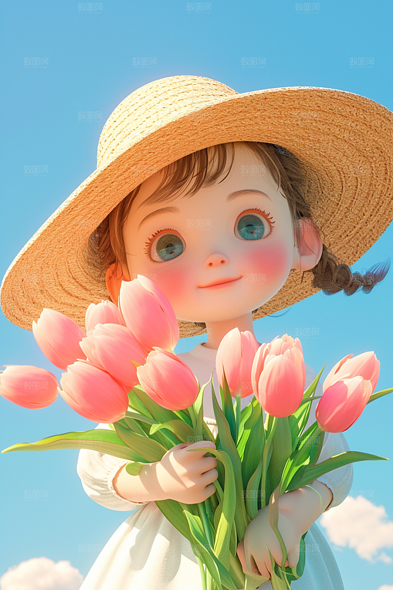 手捧鲜花的少女花朵立体素材
