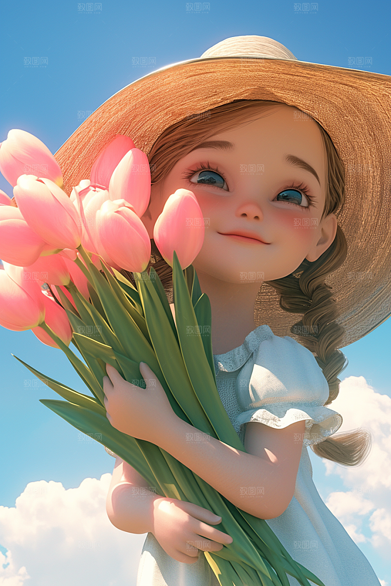 手捧鲜花的少女肖像春天素材