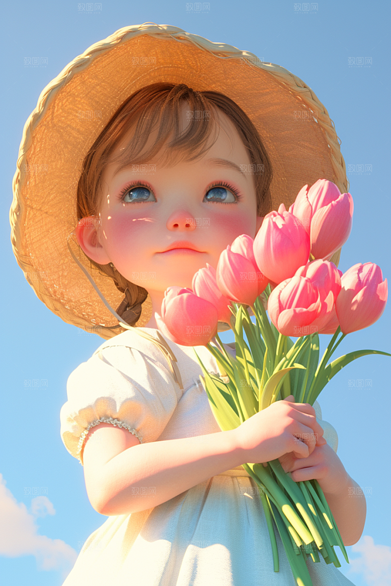 手捧鲜花的少女唯美模型素材