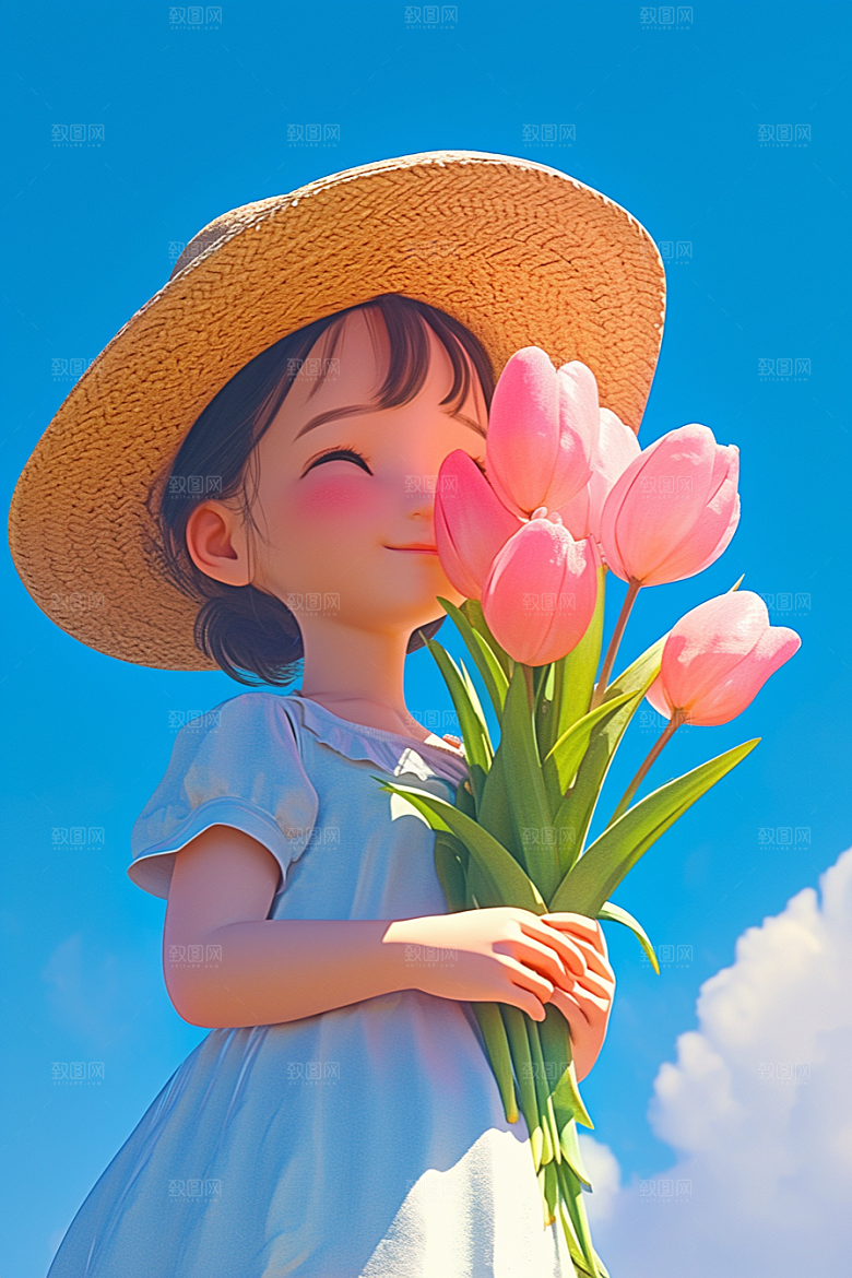 手捧鲜花的少女梦幻模型素材