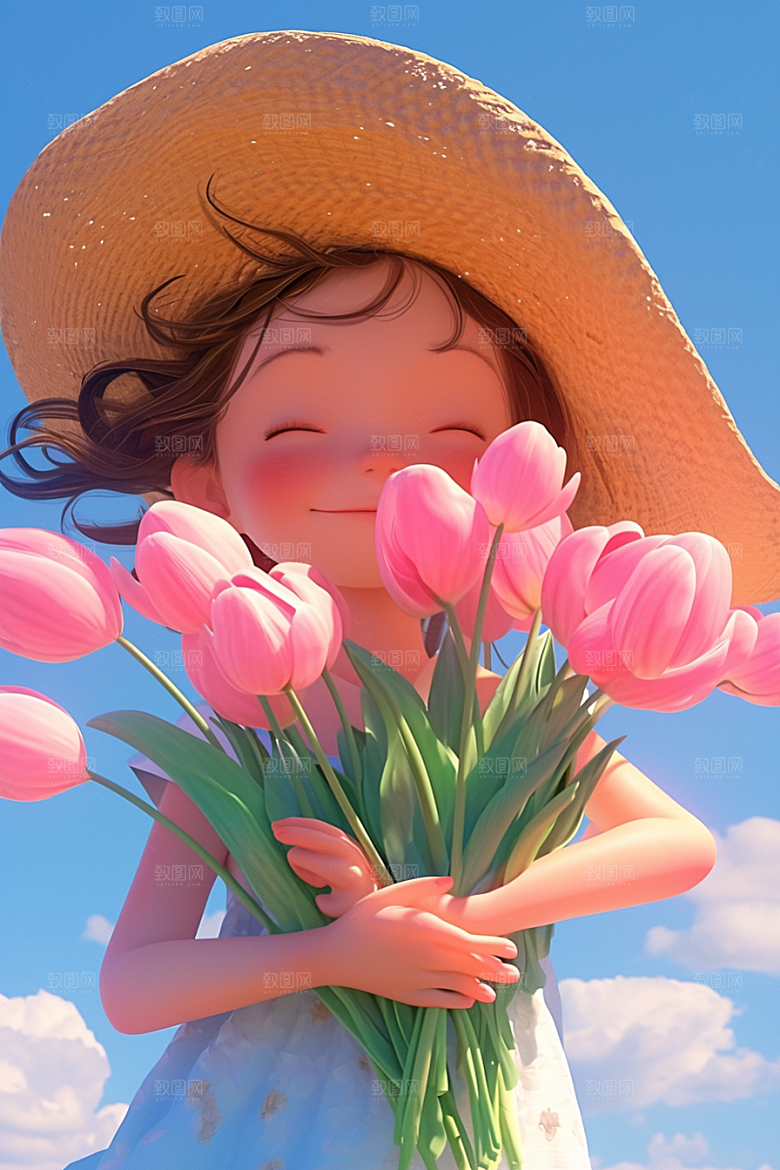 手捧鲜花的少女3D人物素材