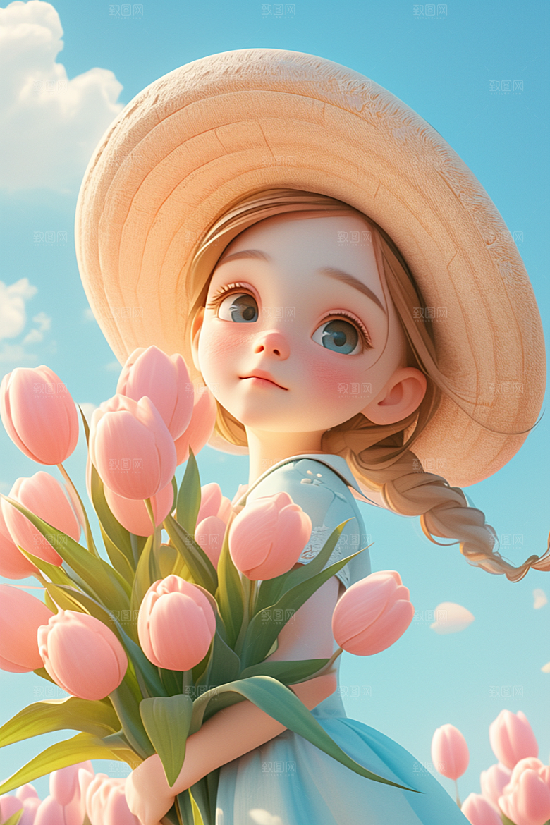 手捧鲜花的少女自然立体素材