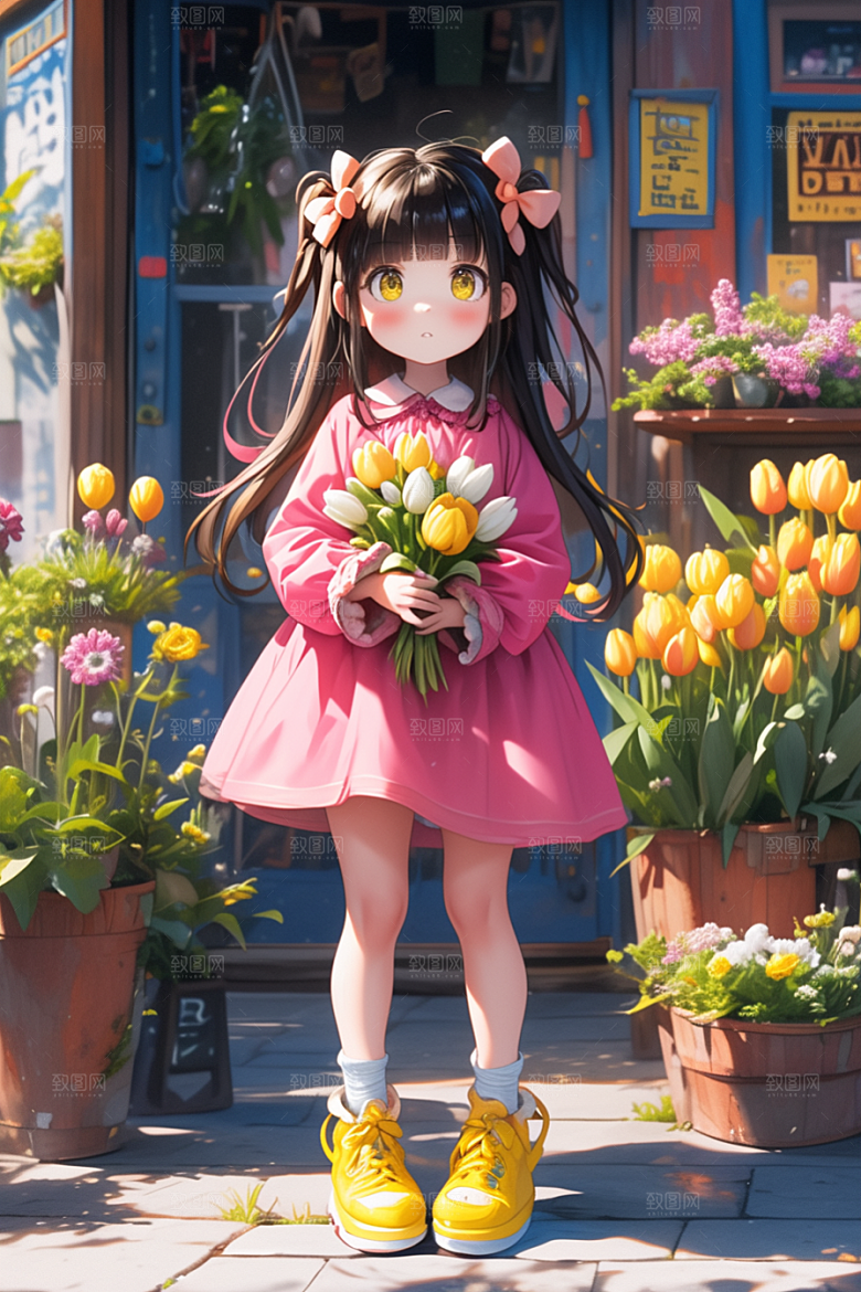 手捧鲜花的少女3D立体素材