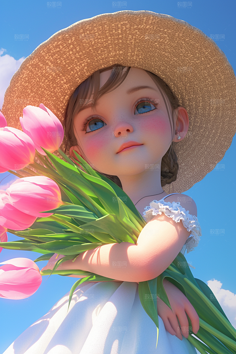 手捧鲜花的少女3D人物素材