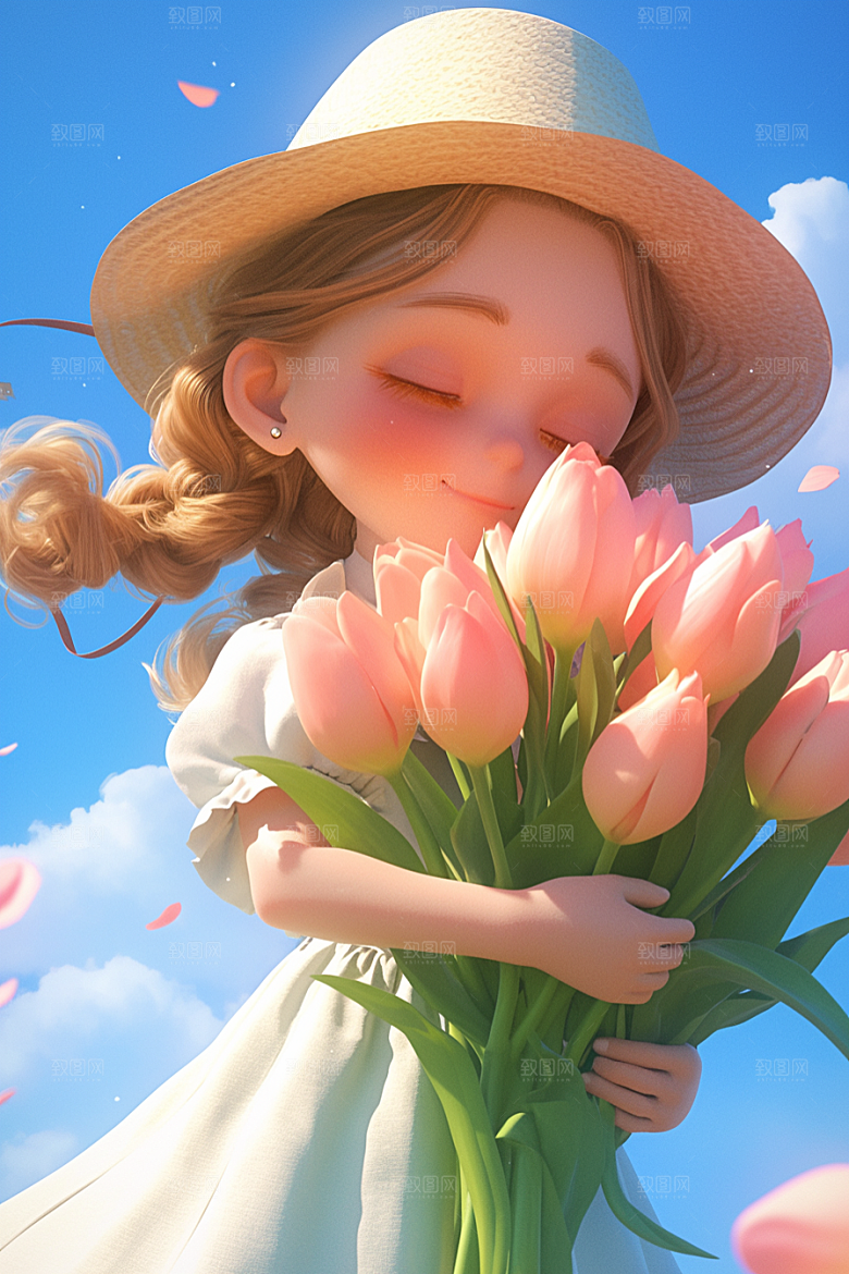 手捧鲜花的少女花朵立体素材