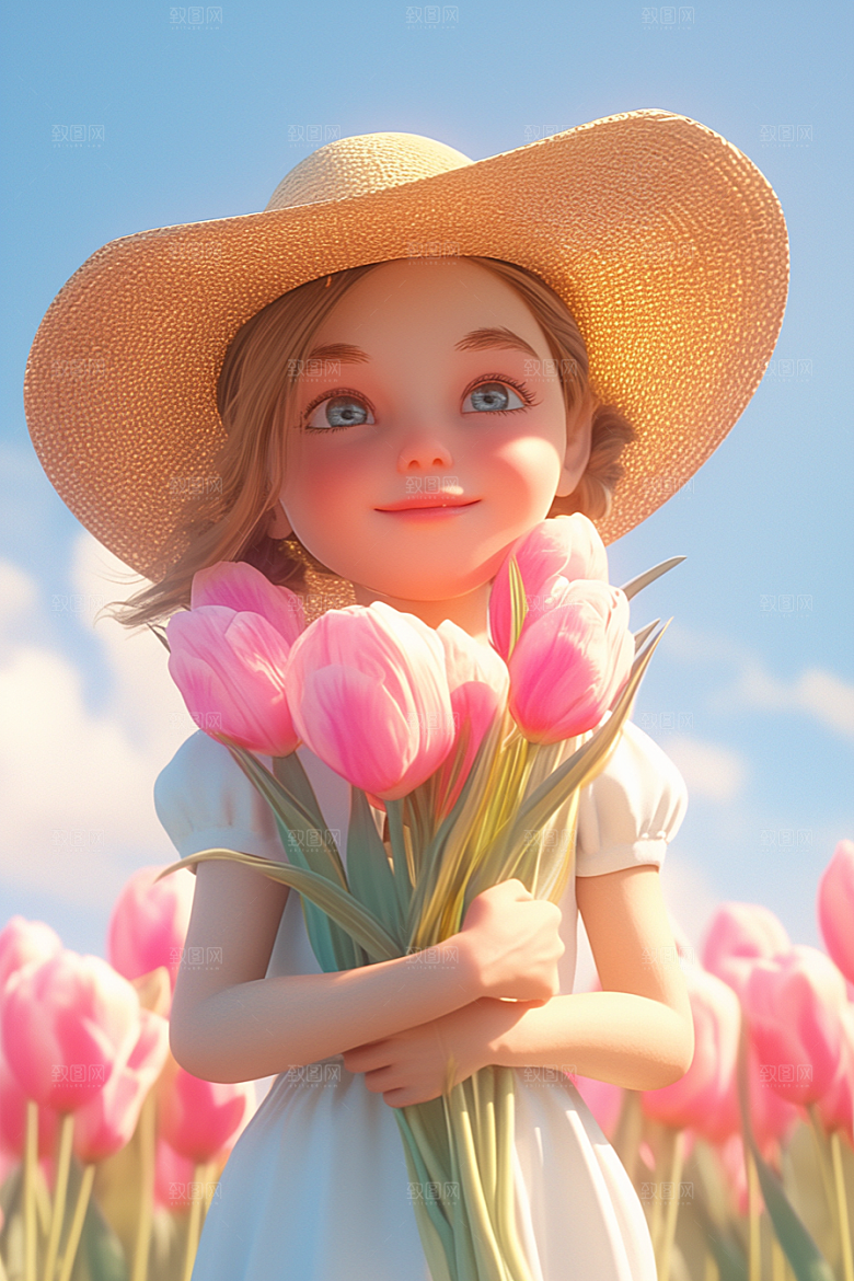 手捧鲜花的少女春天模型素材