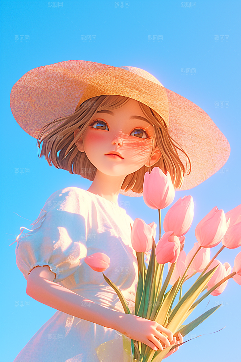 手捧鲜花的少女立体模型素材