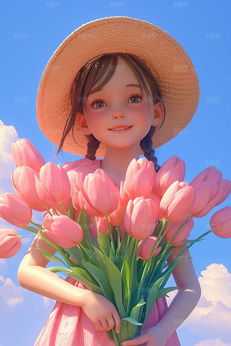 手捧鲜花的少女自然肖像素材