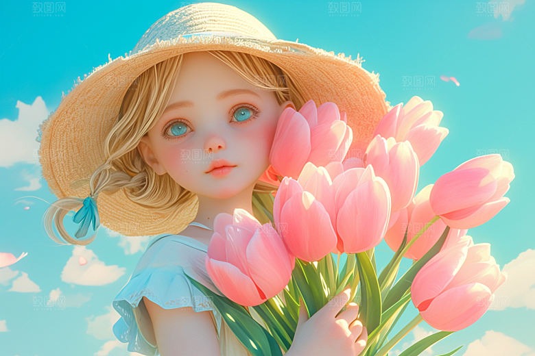 手捧鲜花的少女梦幻飞舞的裙摆素材