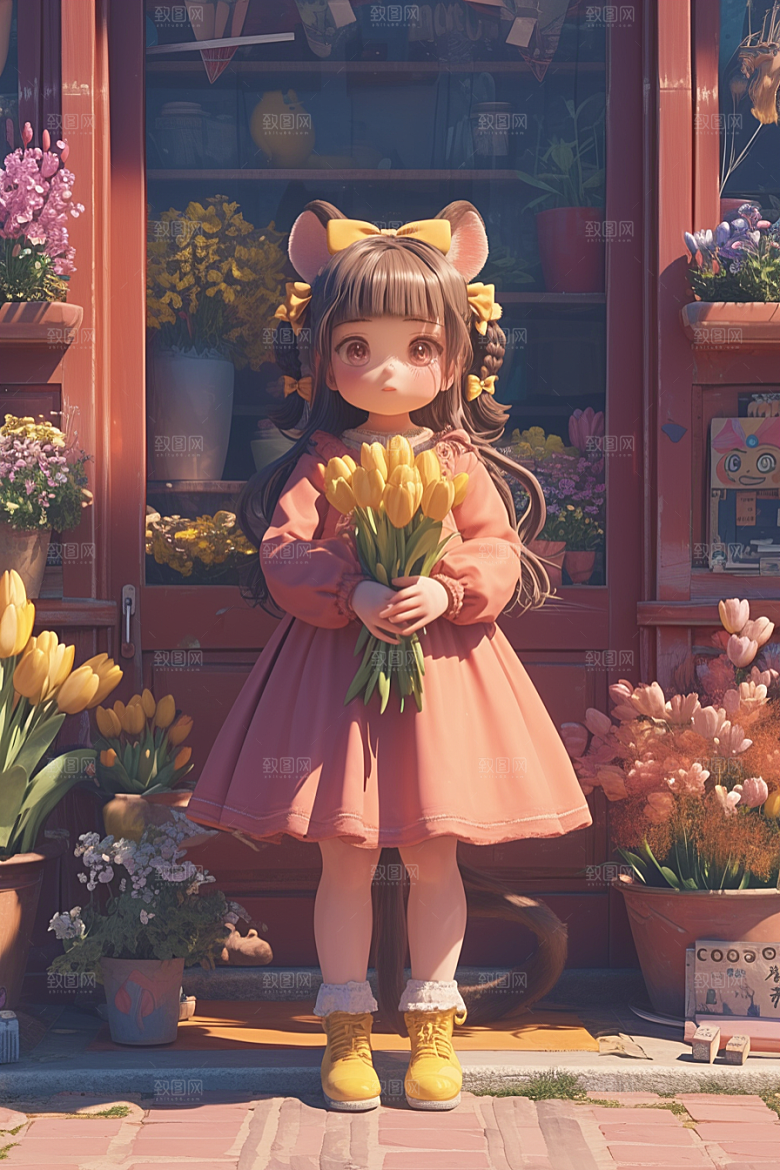手捧鲜花的少女花朵模型素材
