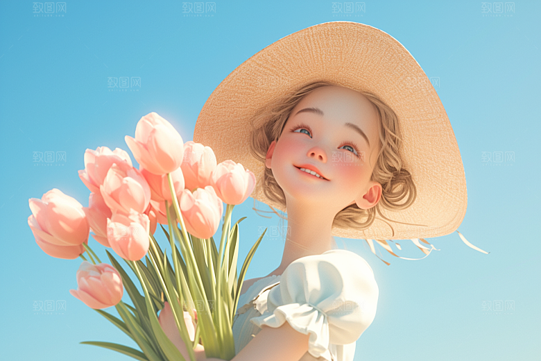 手捧鲜花的少女清新梦幻素材