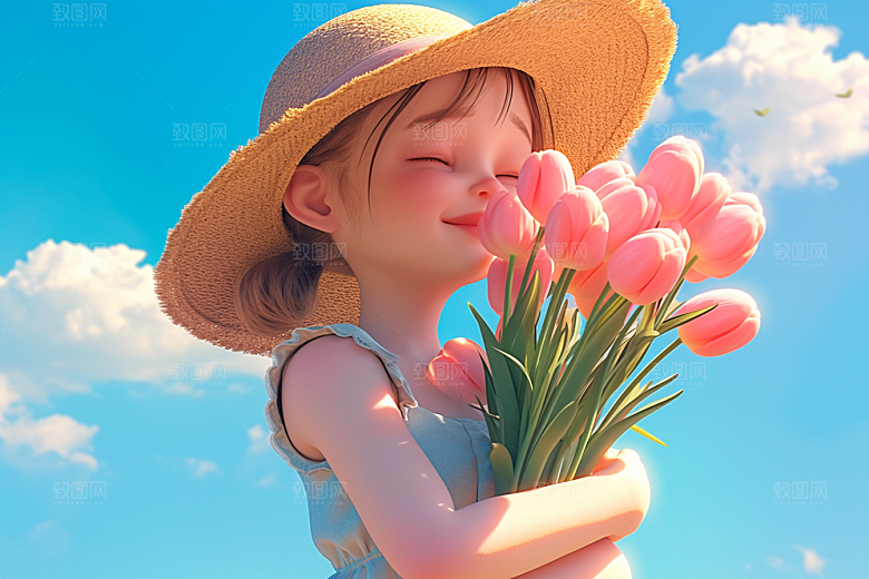 手捧鲜花的少女模型春天素材