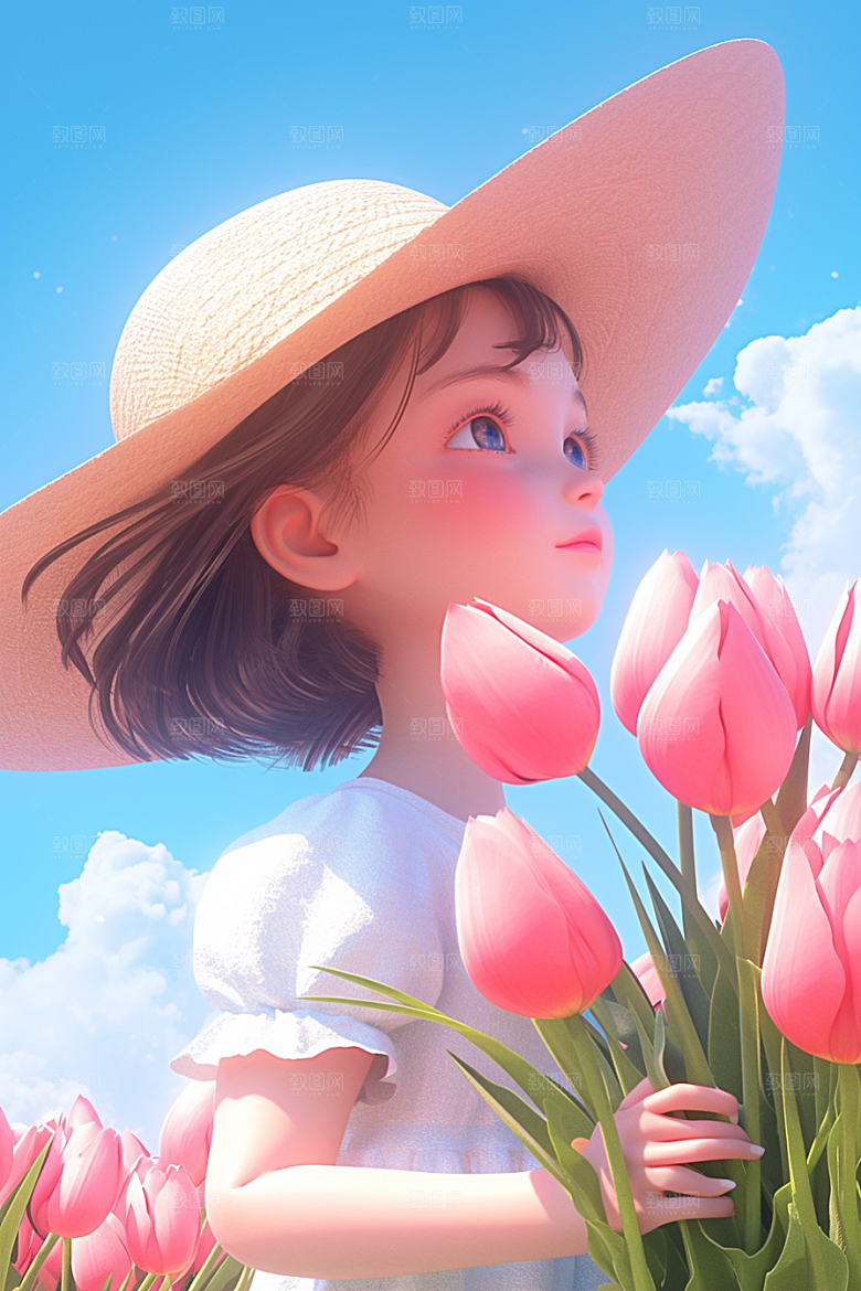 手捧鲜花的少女肖像青春素材