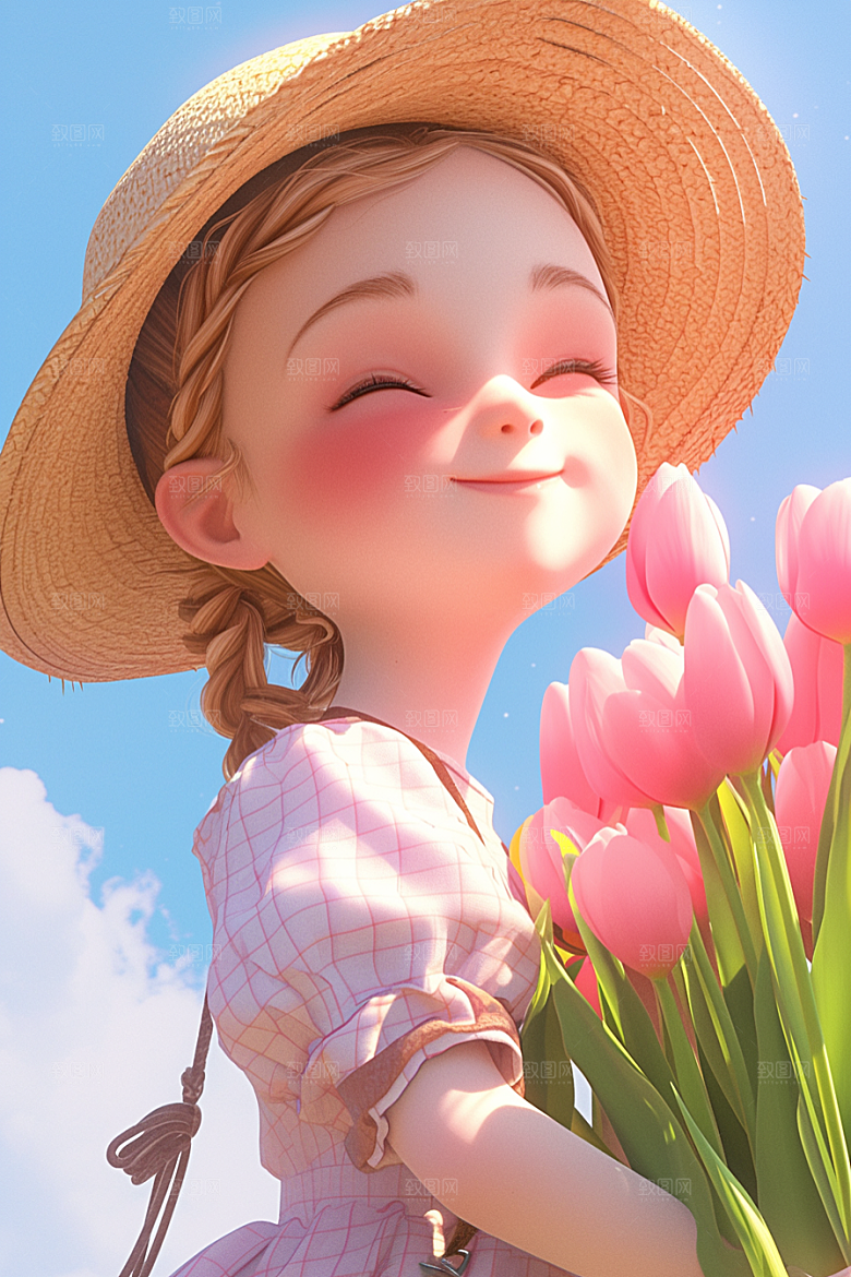 手捧鲜花的少女烂漫自然素材