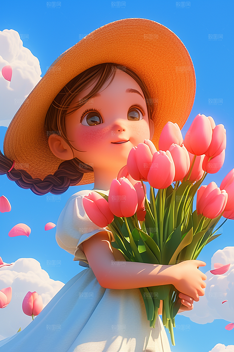 手捧鲜花的少女花朵梦幻素材