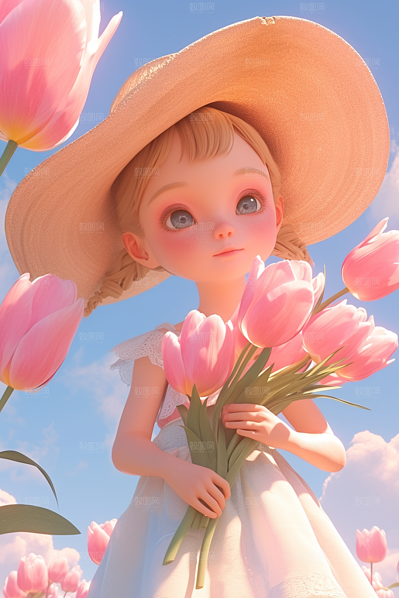 手捧鲜花的少女烂漫清新素材