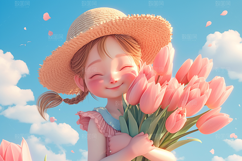 手捧鲜花的少女自然立体素材