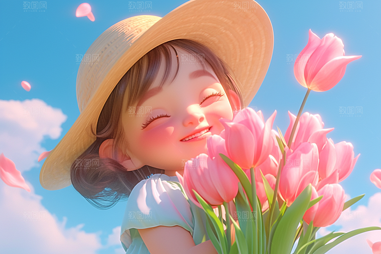 手捧鲜花的少女自然立体素材