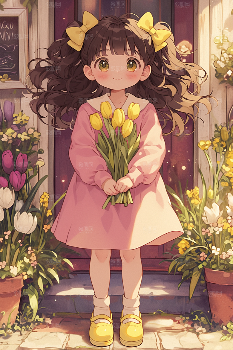 手捧鲜花的少女自然立体素材