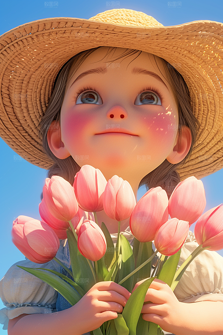 手捧鲜花的少女3D春天素材