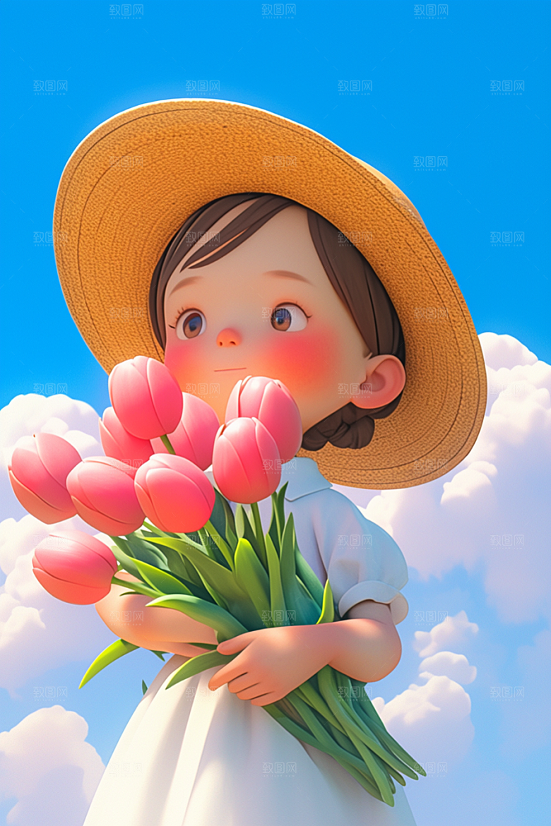 手捧鲜花的少女春天花朵素材