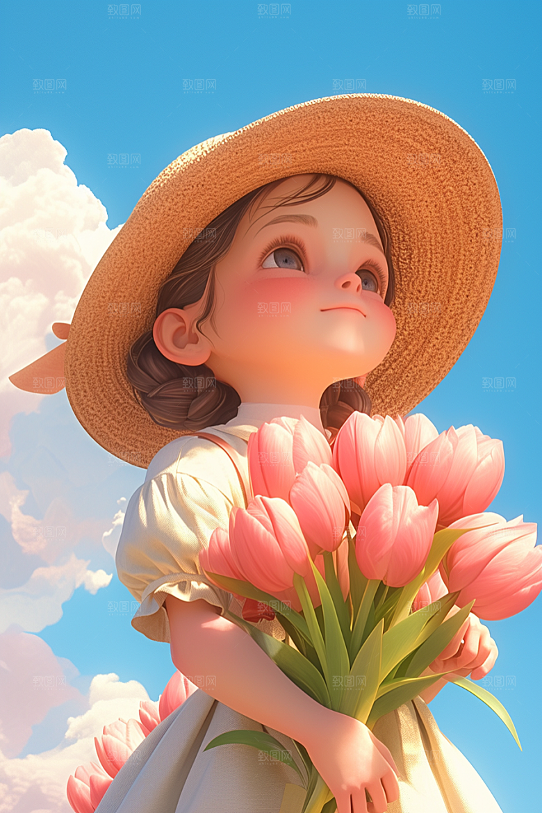 手捧鲜花的少女清新梦幻素材