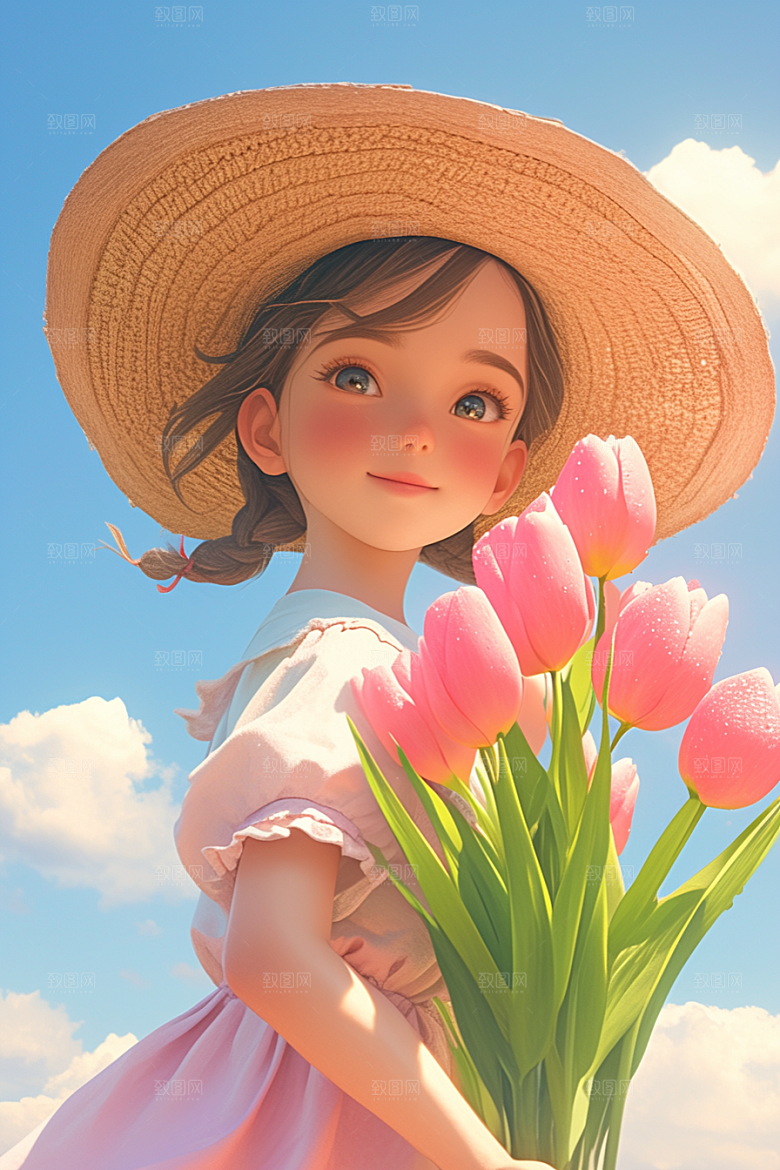 手捧鲜花的少女梦幻人物素材