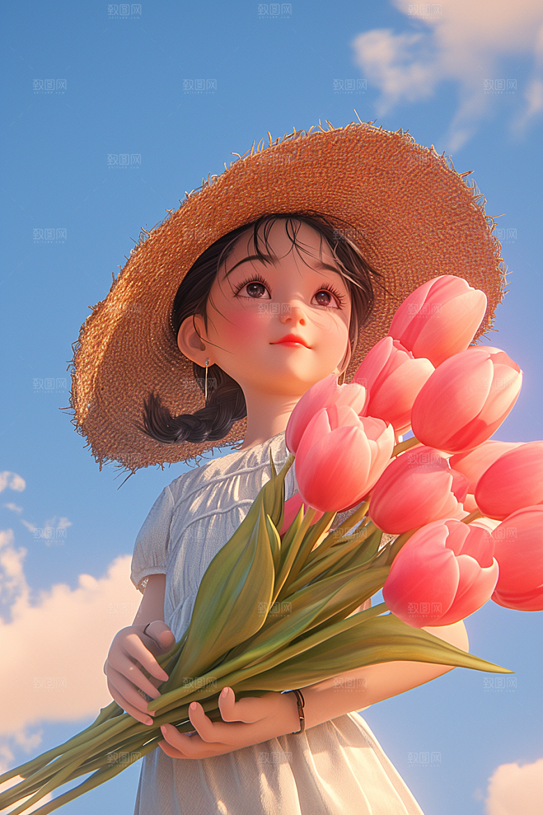 手捧鲜花的少女人物烂漫素材