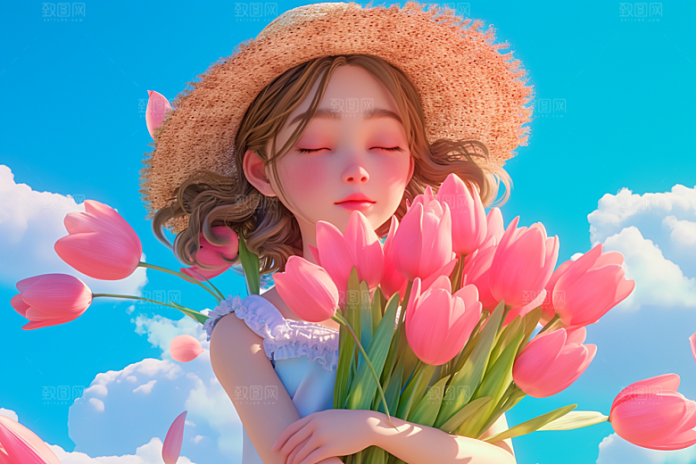 手捧鲜花的少女梦幻唯美素材